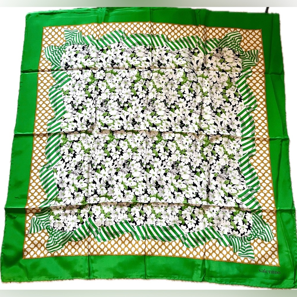 Valentino Green, White, Navy, Gold Floral, Striped Ribbon & Lattice Silk Scarf
